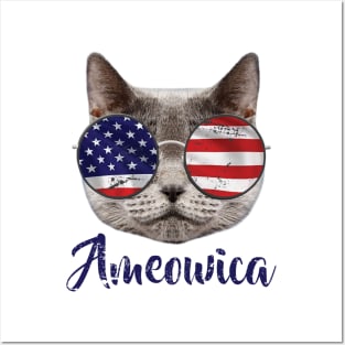 Ameowica America USA Cat Sunglasses text blue Posters and Art